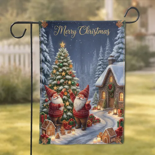 Gnomes Christmas Tree Snowy Village Gingerbread House - Christmas Decor Gift Garden Flag
