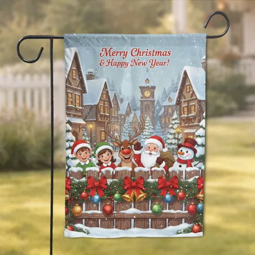 Santa Elf Reindeer Snowman European Village - Merry Christmas Happy New Year Garden Flag