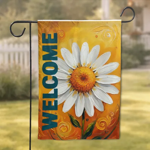Bold White Daisy Welcome Text Golden Orange Yellow - Entryway Home Decor Garden Flag
