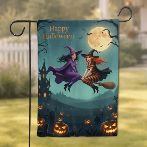 Flying Witches Frohliche Halloween Haunted House Jack-o'-Lantern Scene - Holiday Decor Garden Flag