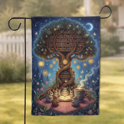 Magical Tree Bookshelf Furry Creatures - Home Decor Gift for Book Lovers Garden Flag