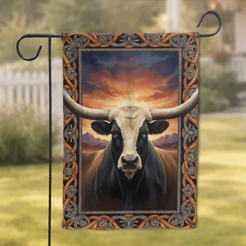 Black Longhorn Steer Head-On - Farmhouse Decor Gift for Cow Lovers Garden Flag
