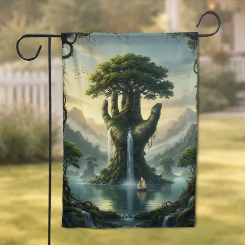 Majestic Hand Landform Waterfall Ancient Tree Lake Mountains - Home Decor Gift Garden Flag