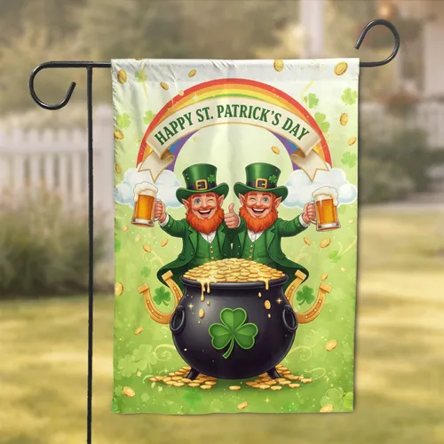Leprechauns Pot of Gold Rainbow Shamrock - St. Patrick's Day Celebration Garden Flag