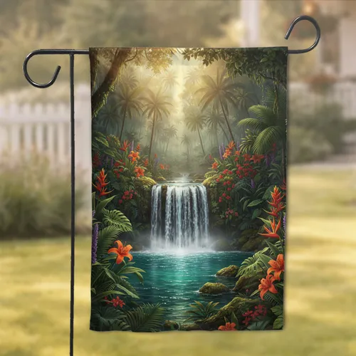 Majestic Multi-Tiered Tropical Waterfall Exotic Jungle Landscape - Home Decor Gift Garden Flag