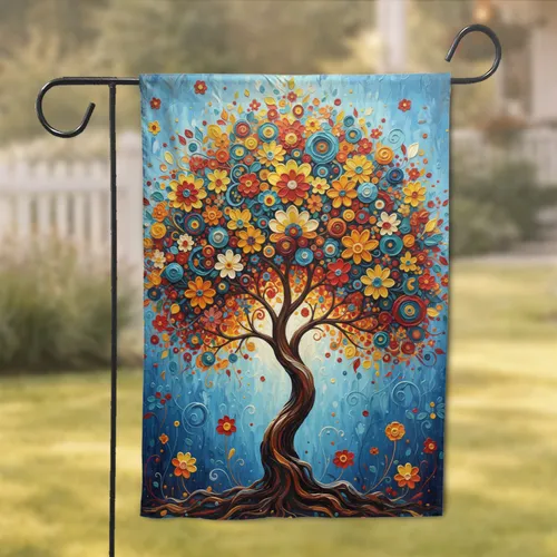 Stylized Tree Abstract Floral Mosaic Concentric Circles Organic Swirls - Home Decor Gift Garden Flag