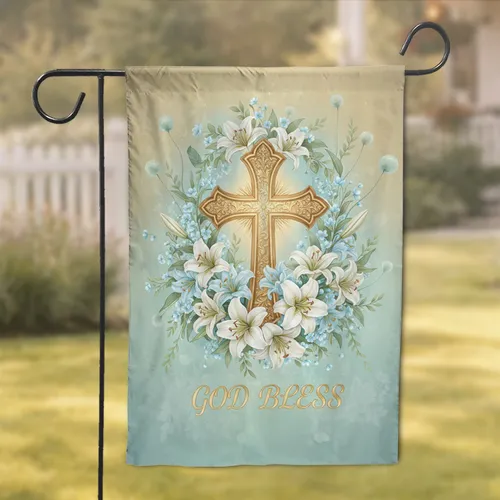 God Bless Golden Cross White Lilies - Spiritual Comfort Gift for Christian Home Garden Flag