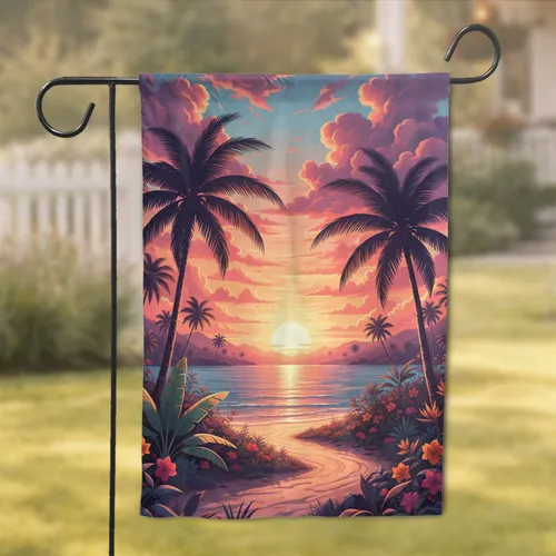 Tropical Sunset Palm Trees Ocean Beach - Home Decor Gift for Beach Lover Garden Flag