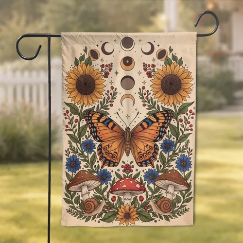Butterfly Moon Sunflowers Mushrooms Wildflowers - Home Decor Gift for Nature Lover Garden Flag