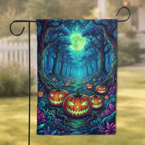 Glowing Jack-o'-Lanterns Moonlit Forest - Halloween Decor Gift Garden Flag