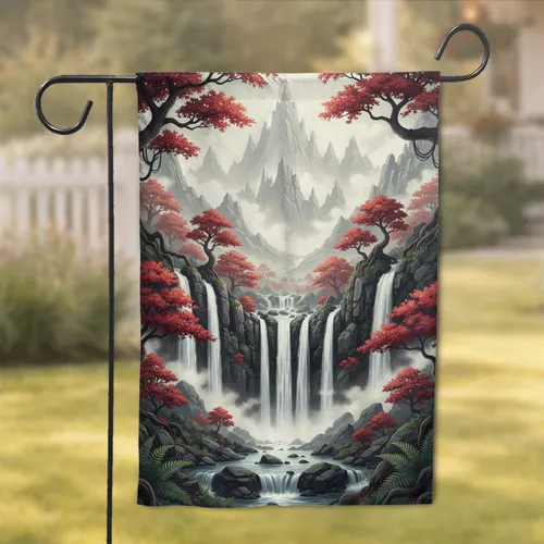 Cascading Waterfalls Red Maples Mountain Cliffs - Majestic Nature Lover Home Decor Gift Garden Flag