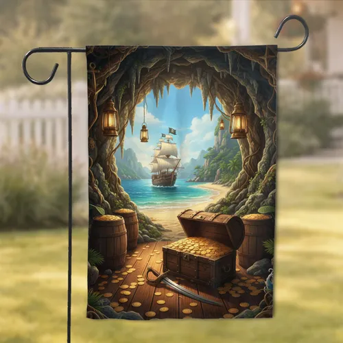 Pirate Ship Skull Flag Treasure Cave - Home Decor Gift for Adventure Lover Garden Flag