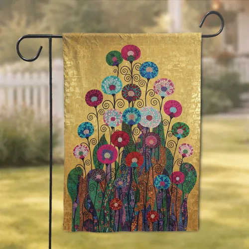 Gold Foil Prominent Circular Petal Flowers Foliage Gold Field - Home Decor Gift Garden Flag