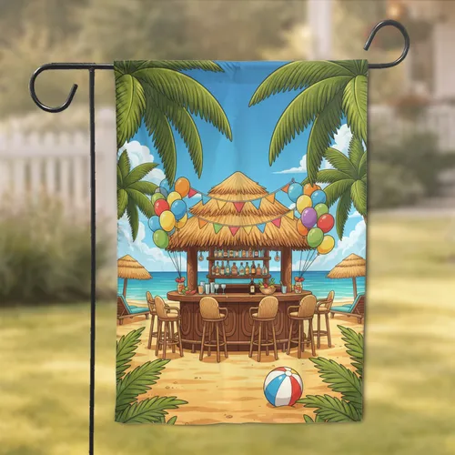 Festive Tiki Bar Tropical Beach Scene - Home Decor Gift for Beach Lover Garden Flag