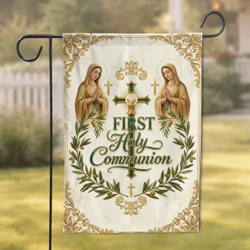 First Holy Communion Virgin Mary Gold Cross Chalice - Communion Celebration Gift Garden Flag