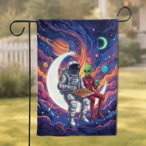 Astronaut Alien Pizza Moon Cosmic Nebula - Space Lover Home Decor Gift Garden Flag