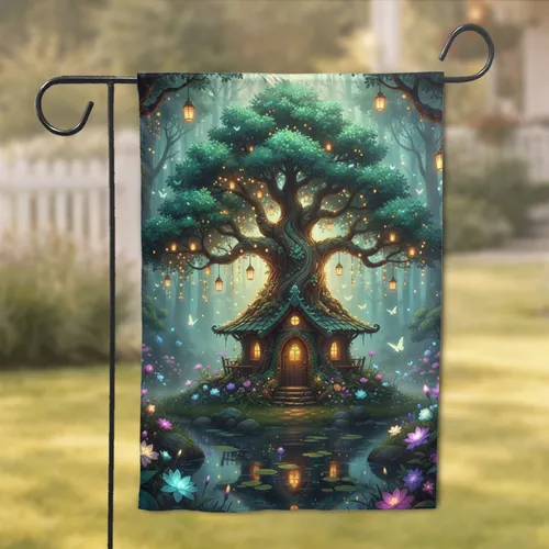 Gnarled Treehouse Fairy Lights, Glowing Leaves, Luminous Lanterns Pond - Home Decor Gift Garden Flag