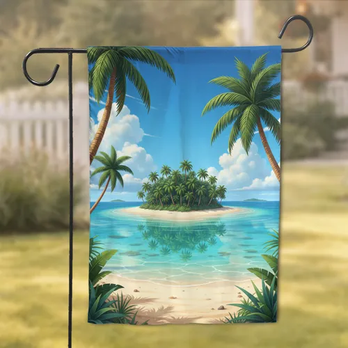 Lush Green Tropical Island Beach Palm Trees Ocean Sky - Home Decor Gift for Travelers Garden Flag