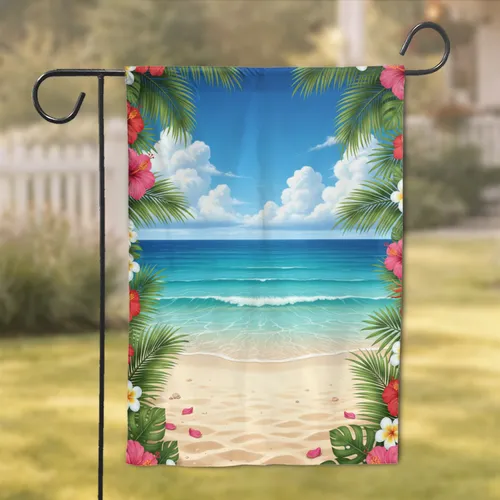 Tropical Beach Ocean Waves Sandy Shore Palm Fronds Hibiscus - Beach Lover Gift Garden Flag