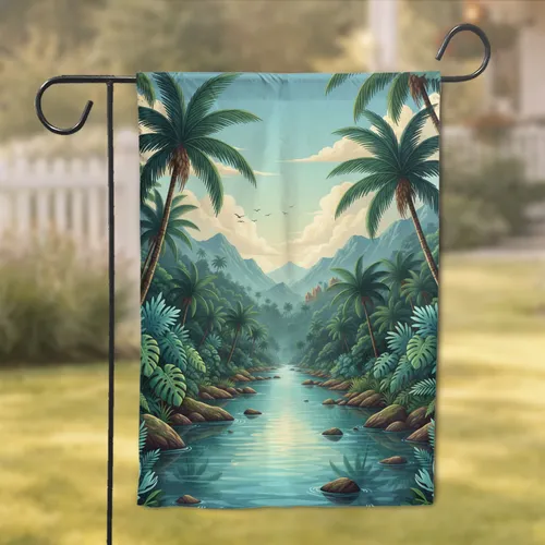 Lush Tropical River Valley Palm Trees Forested Mountain Landscape Home Decor Gift Garden Flag
