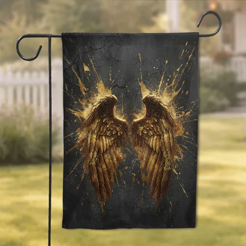Metallic Golden Feathered Wings Dark Concrete Bronze - Luxury Home Decor Gift Garden Flag