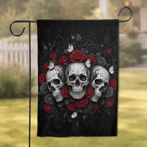 Three Human Skulls Crimson Roses Vine Butterflies - Gothic Romance Home Decor Gift Garden Flag
