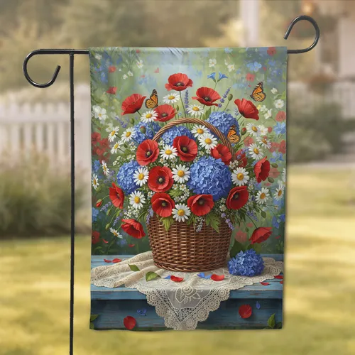Wicker Basket Flowers Monarch Butterflies Lace - Home Decor Gift for Garden Lover Garden Flag