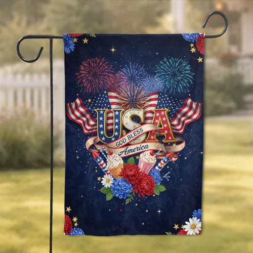 USA God Bless America American Flags Fireworks - Independence Day Gift for Veterans Garden Flag