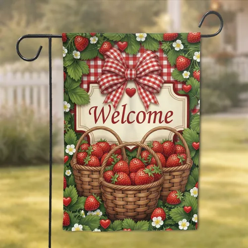 Ornate Welcome Sign Strawberry Baskets Farmhouse Home Decor - Garden Lover Gift Garden Flag