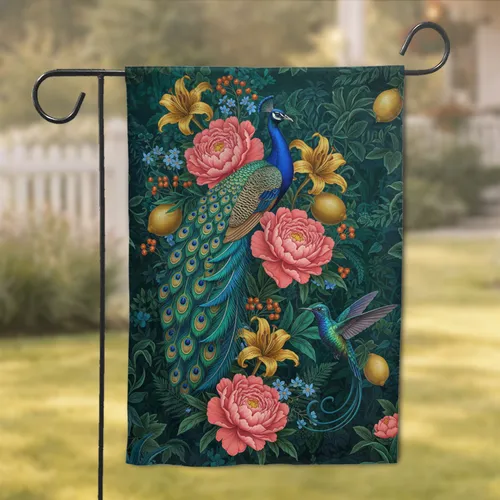 Majestic Peacock Hummingbird Peony Lily Botanical - Wildlife Garden Home Decor Gift Garden Flag