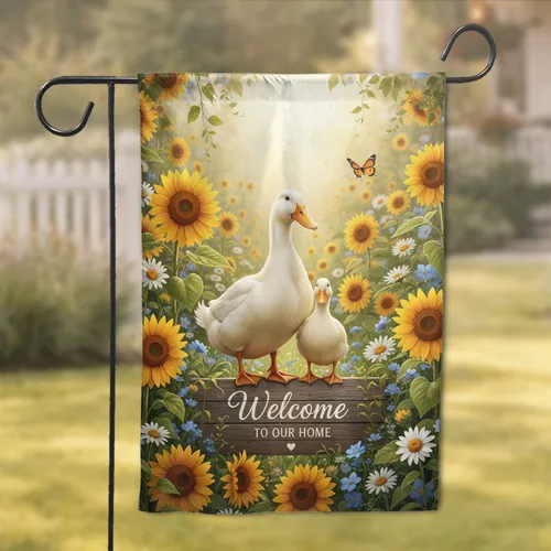 White Ducks Welcome Home Sign Sunflower Garden - Farmhouse Home Decor Gift Garden Flag