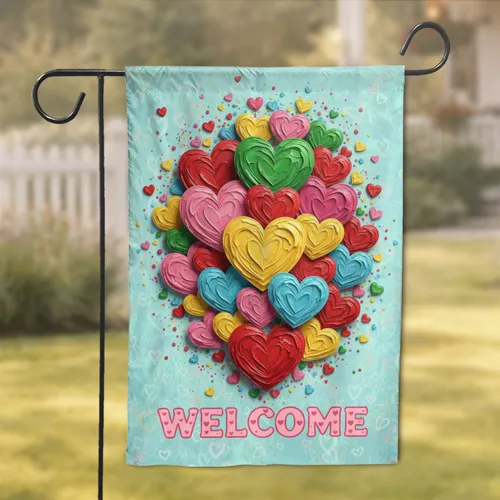 Clay Textured Hearts Welcome Sign - Home Decor Gift for Family Garden Flag