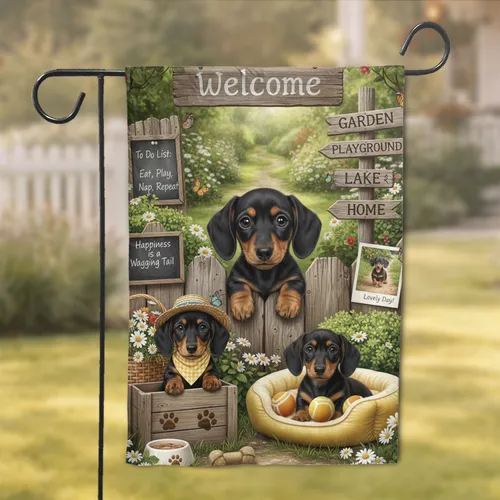Dachshund Puppies Rustic Garden Fence - Home Decor Gift for Dachshund Lovers Garden Flag
