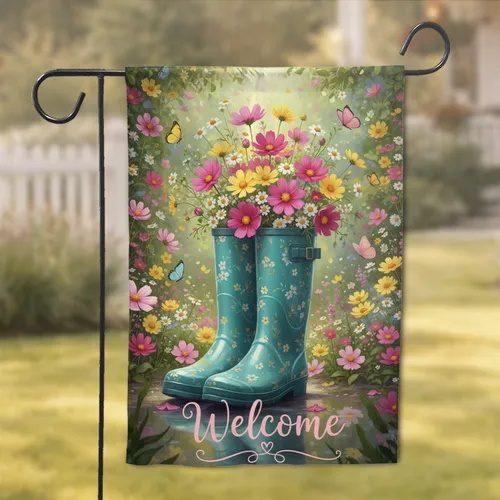 Teal Rain Boots Wildflower Welcome - Home Decor Gift for Garden Lover Garden Flag
