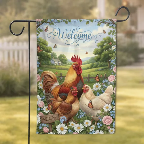 Majestic Rooster Hen Welcome Floral Farmhouse - Home Decor Gift for Animal Lover Garden Flag