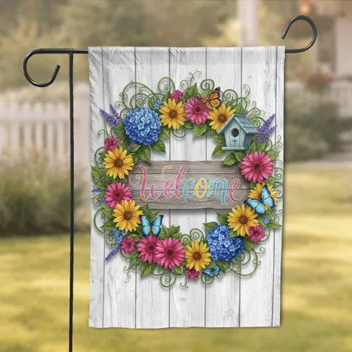 Rustic Welcome Sign Floral Wreath Butterflies Birdhouse - Home Decor Gift for Garden Lover Garden Flag