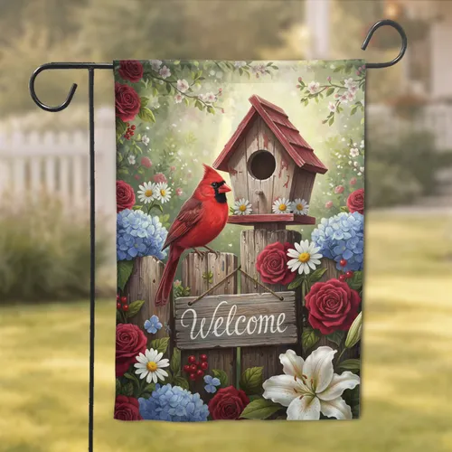 Welcome Sign Red Cardinal Birdhouse - Garden Home Decor Gift for Bird Lovers Garden Flag