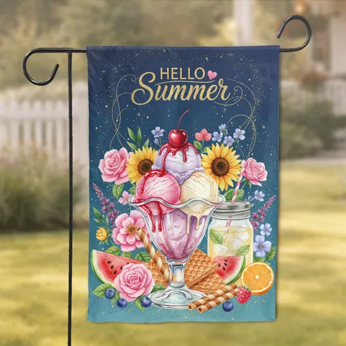 Hello Summer Sundae Ice Cream Floral Fruit - Home Decor Gift Garden Flag