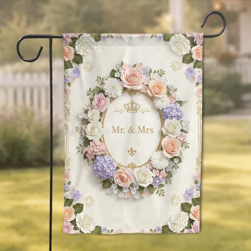 Mr & Mrs Gold Frame Pink Roses Hydrangeas - Wedding Anniversary Gift Garden Flag