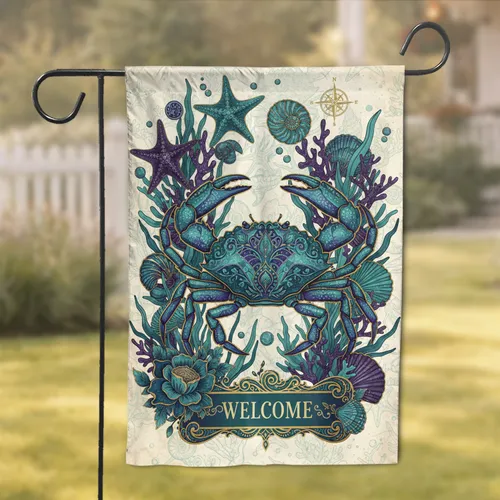 Ornate Crab Starfish Seashell Welcome Banner - Coastal Home Decor Gift for Ocean Lovers Garden Flag