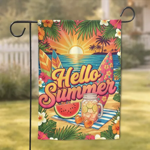 Hello Summer Beach Sunset Surfboards Tropical Flowers - Summer Decor Gift Garden Flag