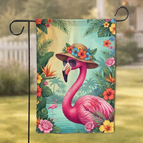 Pink Flamingo Straw Hat Tropical Flowers - Wildlife Lover Gift for Flamingo Lover Garden Flag