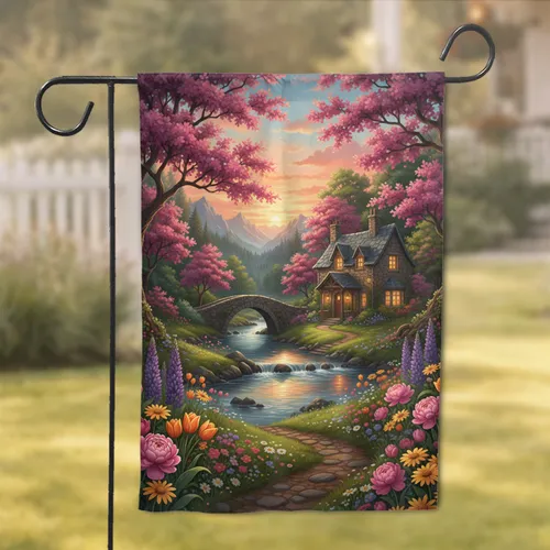 Cottage River Bridge Blossoming Wildflowers - Home Decor Gift for Garden Lover Garden Flag