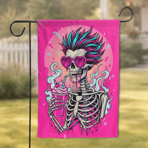 Electric Blue Magenta Neon Skeleton Heart Glasses Milkshake - Pop Art Lover Gift Garden Flag