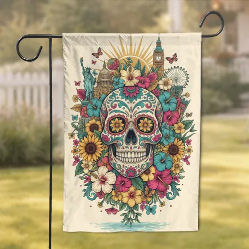 Ornate Sugar Skull Tropical Flowers Global Landmarks Butterflies Home Decor Gift Garden Flag