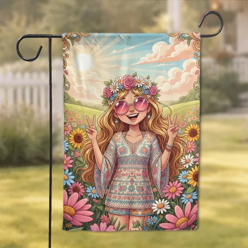 Girl Peace Sign Floral Crown Wildflowers - Boho Lifestyle Home Decor Gift Garden Flag