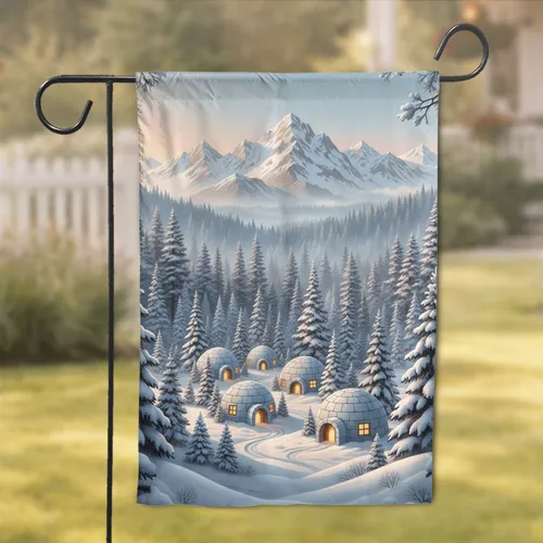 Igloo Village Snow Forest Mountain Scene Home Decor Gift for Winter Lovers Garden Flag