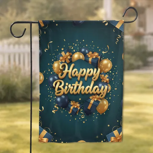 Happy Birthday Gold Lettering Gift Boxes Balloons - Birthday Celebration Decor Garden Flag
