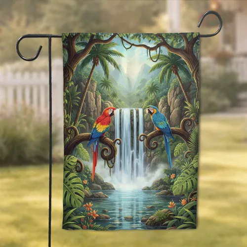 Vibrant Macaws Jungle Waterfall - Home Decor Gift for Bird Lovers Garden Flag