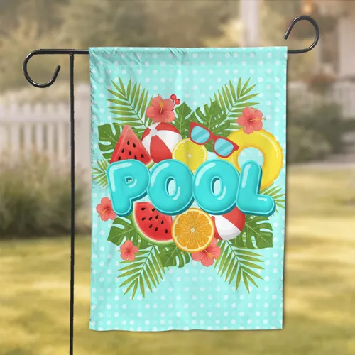 POOL Text Beach Ball Watermelon Summer Elements - Pool Party Home Decor Gift Garden Flag
